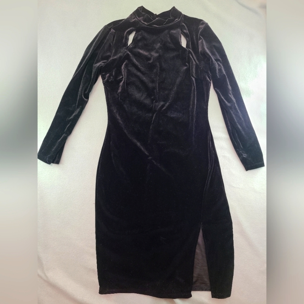 ENFOCUS STUDIO Women's Black Velour Feel Long Sleeve High Neck Dress - Size 14